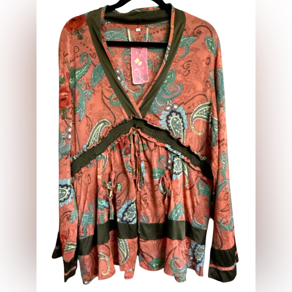 Johnny Was Paisley/Floral Print Tunic Top Brown/Orange Boho Y2K Whimsigoth XL